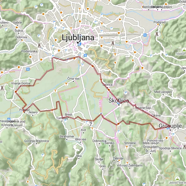 Map miniature of "Exploring the Gravel Trails of Vnanje Gorice" cycling inspiration in Zahodna Slovenija, Slovenia. Generated by Tarmacs.app cycling route planner