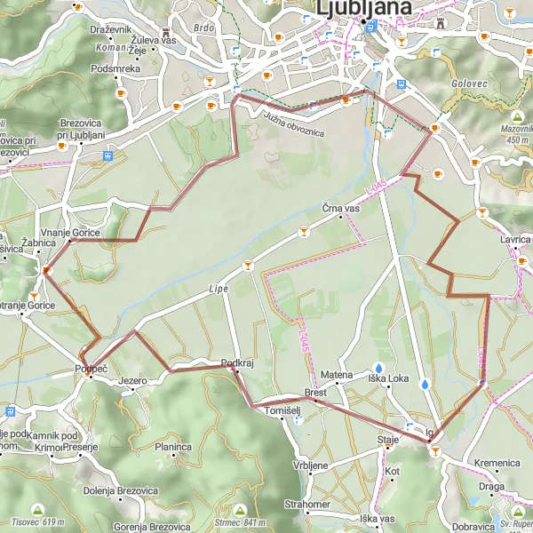 Miniatura mapy "Przyjemna trasa gravelowa w okolicach Vnanje Gorice" - trasy rowerowej w Zahodna Slovenija, Slovenia. Wygenerowane przez planer tras rowerowych Tarmacs.app