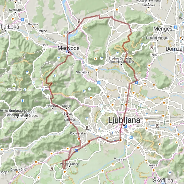 Miniaturní mapa "Gravel okruh přes Vnanje Gorice" inspirace pro cyklisty v oblasti Zahodna Slovenija, Slovenia. Vytvořeno pomocí plánovače tras Tarmacs.app