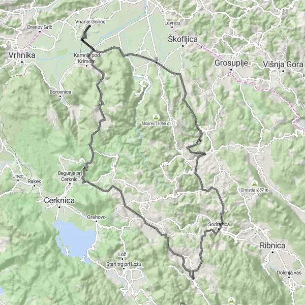 Map miniature of "Scenic Road Cycling Adventure near Vnanje Gorice" cycling inspiration in Zahodna Slovenija, Slovenia. Generated by Tarmacs.app cycling route planner