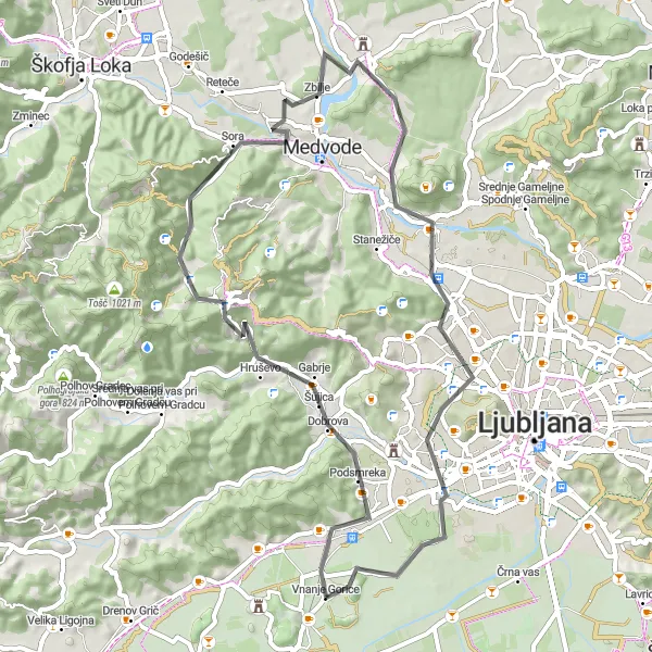 Map miniature of "Mesmerizing Road Cycling Route in the Vicinity of Vnanje Gorice" cycling inspiration in Zahodna Slovenija, Slovenia. Generated by Tarmacs.app cycling route planner