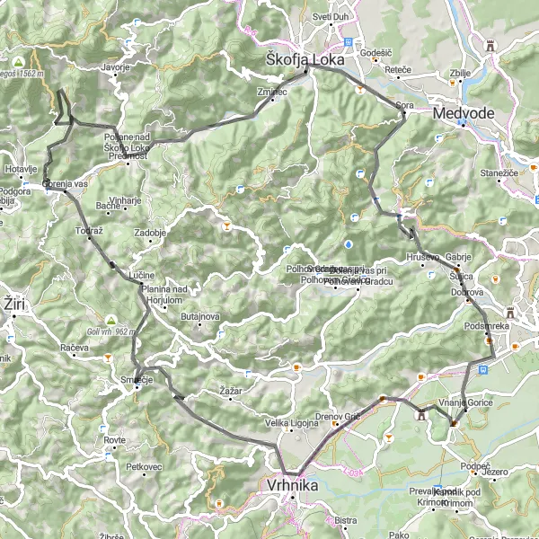 Miniatura della mappa di ispirazione al ciclismo "Giro in bici da Vnanje Gorice" nella regione di Zahodna Slovenija, Slovenia. Generata da Tarmacs.app, pianificatore di rotte ciclistiche