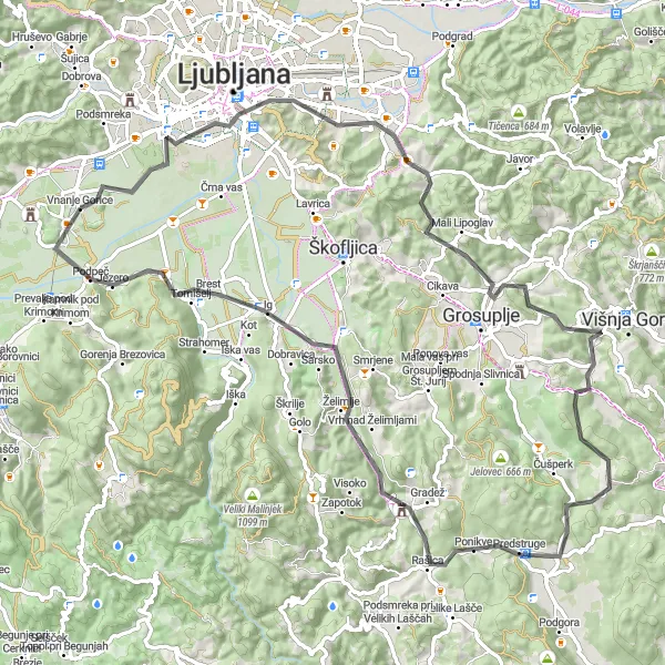 Miniatura della mappa di ispirazione al ciclismo "Il Giro dei Castelli Sloveni" nella regione di Zahodna Slovenija, Slovenia. Generata da Tarmacs.app, pianificatore di rotte ciclistiche