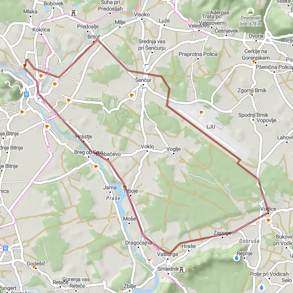 Map miniature of "Vodice Gravel Escape" cycling inspiration in Zahodna Slovenija, Slovenia. Generated by Tarmacs.app cycling route planner
