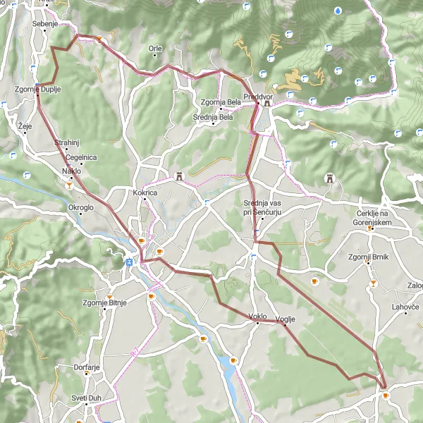 Map miniature of "Discover Kranj and Surrounding Villages on Gravel" cycling inspiration in Zahodna Slovenija, Slovenia. Generated by Tarmacs.app cycling route planner