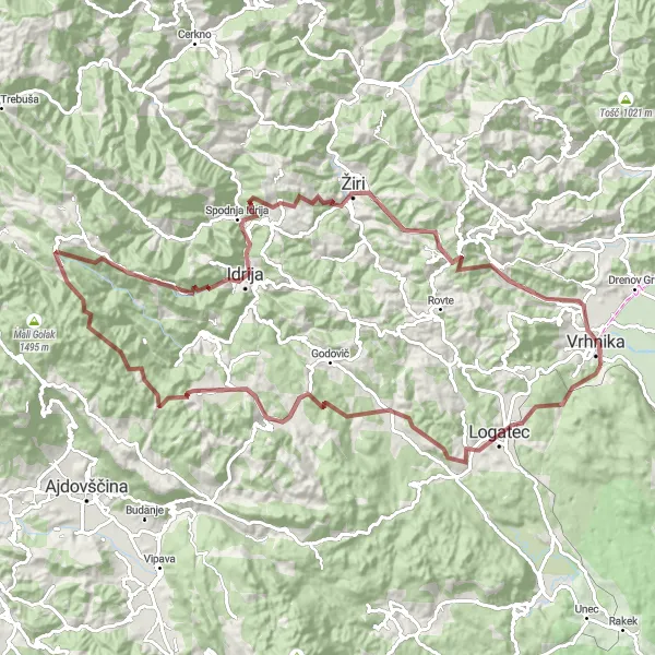 Miniatura della mappa di ispirazione al ciclismo "Avventura in bicicletta da Vrhnika a Žiri" nella regione di Zahodna Slovenija, Slovenia. Generata da Tarmacs.app, pianificatore di rotte ciclistiche