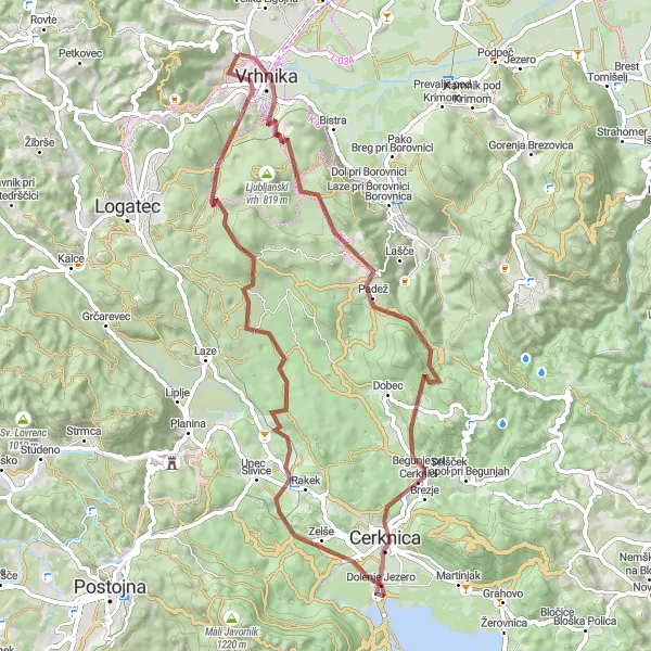 Map miniature of "Vrhnika to Veliki Lipovec Round-trip" cycling inspiration in Zahodna Slovenija, Slovenia. Generated by Tarmacs.app cycling route planner