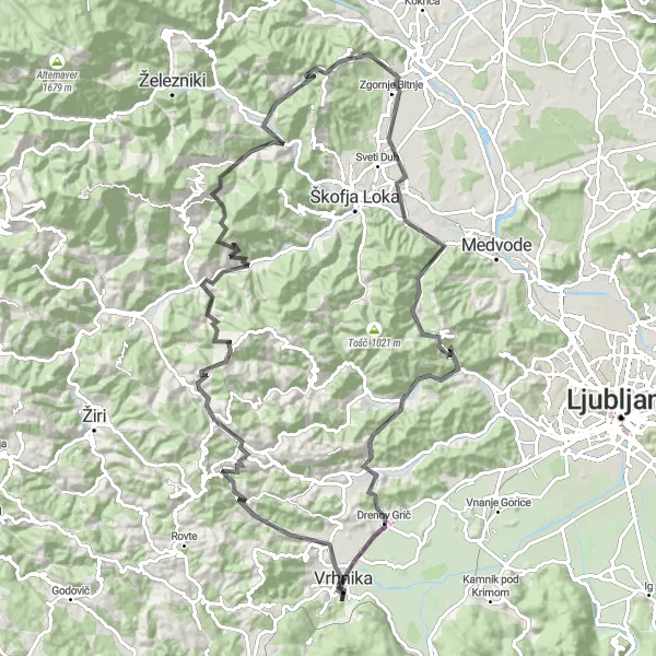 Map miniature of "The Ljubljana Alpine Loop" cycling inspiration in Zahodna Slovenija, Slovenia. Generated by Tarmacs.app cycling route planner