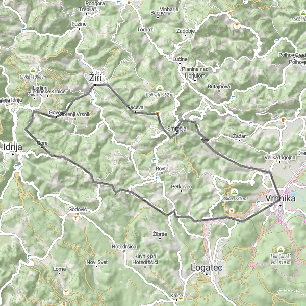 Miniaturní mapa "Okružní cyklistická trasa kolem Vrhnika" inspirace pro cyklisty v oblasti Zahodna Slovenija, Slovenia. Vytvořeno pomocí plánovače tras Tarmacs.app