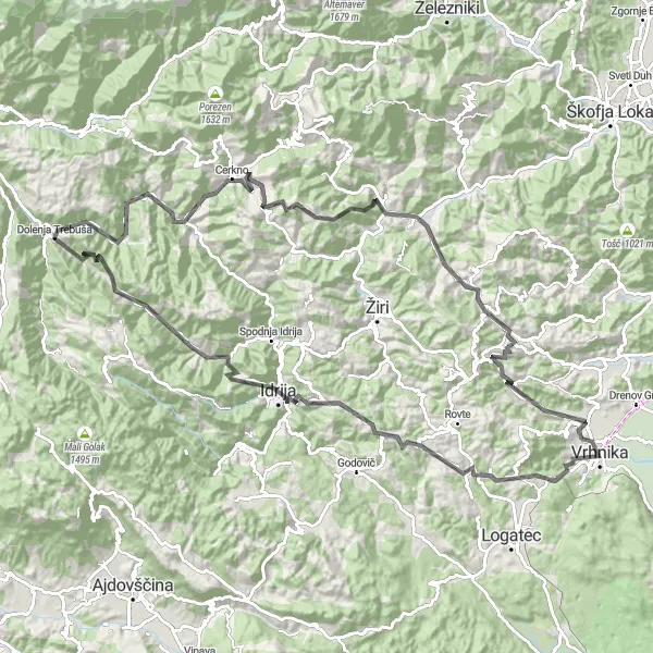 Zemljevid v pomanjšavi "Vrhnika to Križen vrh Loop" kolesarske inspiracije v Zahodna Slovenija, Slovenia. Generirano z načrtovalcem kolesarskih poti Tarmacs.app