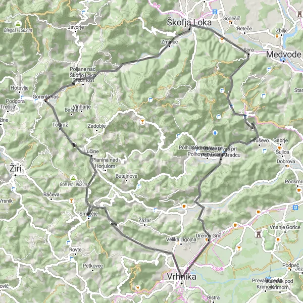 Miniatura della mappa di ispirazione al ciclismo "Itinerario stradale tra borghi e natura" nella regione di Zahodna Slovenija, Slovenia. Generata da Tarmacs.app, pianificatore di rotte ciclistiche