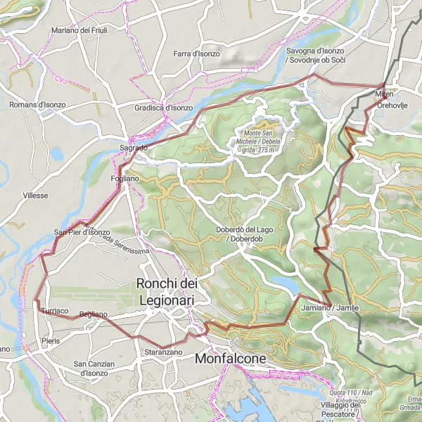 Zemljevid v pomanjšavi "Krožna kolesarska pot preko Opatjega sela in Poggio Terza Armata" kolesarske inspiracije v Zahodna Slovenija, Slovenia. Generirano z načrtovalcem kolesarskih poti Tarmacs.app