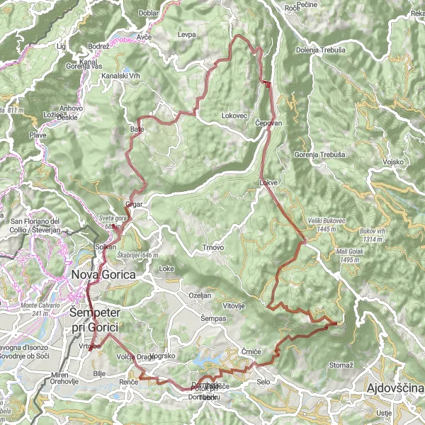 Map miniature of "Gorica Highlights Gravel Ride" cycling inspiration in Zahodna Slovenija, Slovenia. Generated by Tarmacs.app cycling route planner