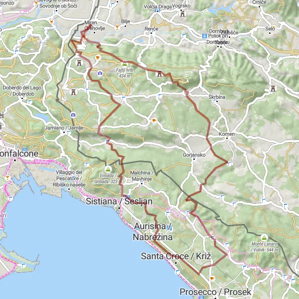 Map miniature of "Miren Countryside Gravel Loop" cycling inspiration in Zahodna Slovenija, Slovenia. Generated by Tarmacs.app cycling route planner