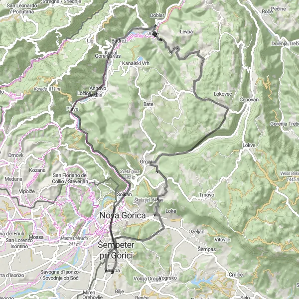 Map miniature of "Scenic Gorica Ride" cycling inspiration in Zahodna Slovenija, Slovenia. Generated by Tarmacs.app cycling route planner
