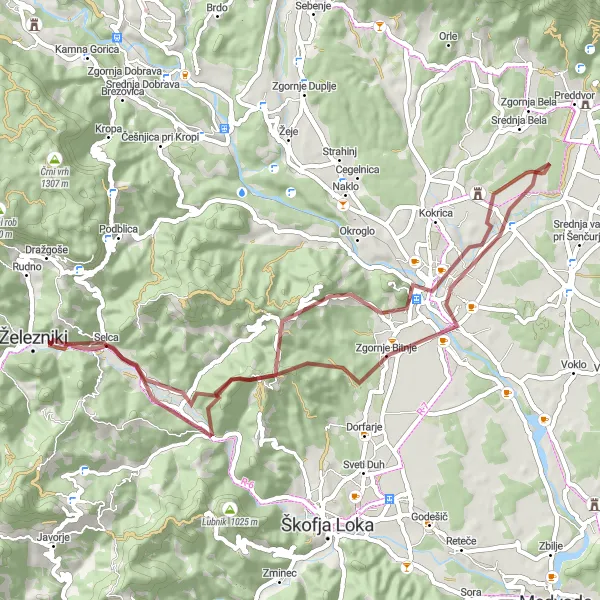 Miniatura della mappa di ispirazione al ciclismo "Giro in bicicletta a Železniki" nella regione di Zahodna Slovenija, Slovenia. Generata da Tarmacs.app, pianificatore di rotte ciclistiche