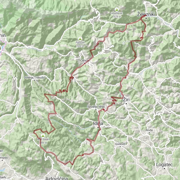 Miniaturní mapa "Gravel Route from Železniki" inspirace pro cyklisty v oblasti Zahodna Slovenija, Slovenia. Vytvořeno pomocí plánovače tras Tarmacs.app