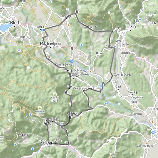 Miniatura della mappa di ispirazione al ciclismo "Passeggiata in bicicletta attraverso i villaggi sloveni" nella regione di Zahodna Slovenija, Slovenia. Generata da Tarmacs.app, pianificatore di rotte ciclistiche