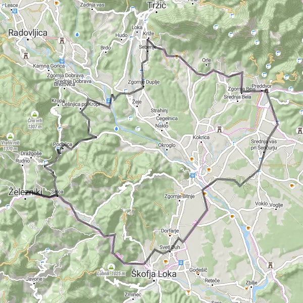 Karten-Miniaturansicht der Radinspiration "Hügeliges Straßenradfahren von Železniki aus" in Zahodna Slovenija, Slovenia. Erstellt vom Tarmacs.app-Routenplaner für Radtouren