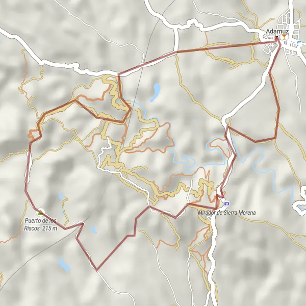 Miniatura mapy "Trasa wokół Adamuz – Puerto de los Riscos" - trasy rowerowej w Andalucía, Spain. Wygenerowane przez planer tras rowerowych Tarmacs.app