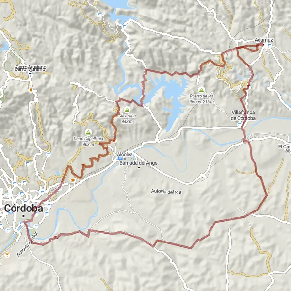 Miniatua del mapa de inspiración ciclista "Ruta de Grava Villafranca de Córdoba - Adamuz" en Andalucía, Spain. Generado por Tarmacs.app planificador de rutas ciclistas