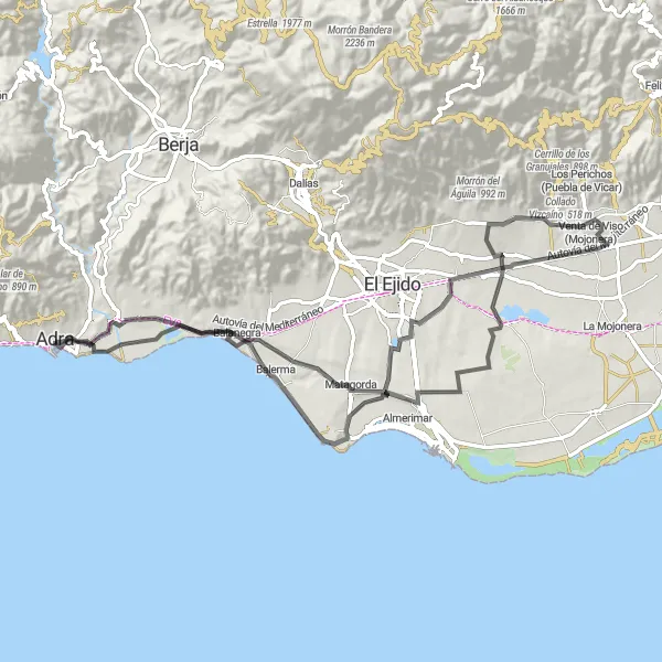Map miniature of "Coastal Delights" cycling inspiration in Andalucía, Spain. Generated by Tarmacs.app cycling route planner
