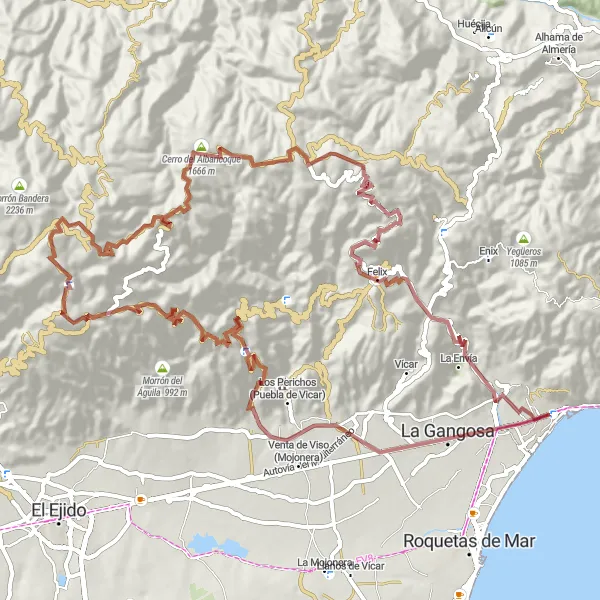 Miniatuurkaart van de fietsinspiratie "Gravelfietstocht naar Minas de San Diego (Abandonadas)" in Andalucía, Spain. Gemaakt door de Tarmacs.app fietsrouteplanner