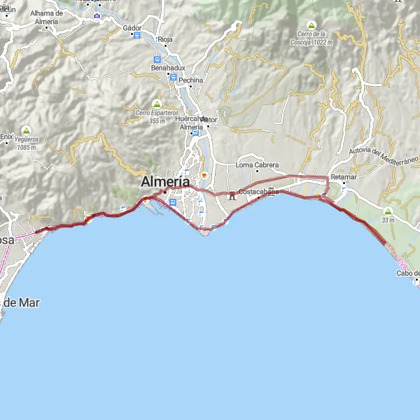 Miniature de la carte de l'inspiration cycliste "Circuit des refuges souterrains d'Almería" dans la Andalucía, Spain. Générée par le planificateur d'itinéraire cycliste Tarmacs.app
