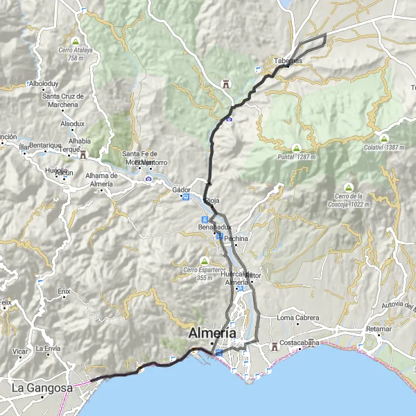 Miniatura mapy "Długa trasa na szosę" - trasy rowerowej w Andalucía, Spain. Wygenerowane przez planer tras rowerowych Tarmacs.app