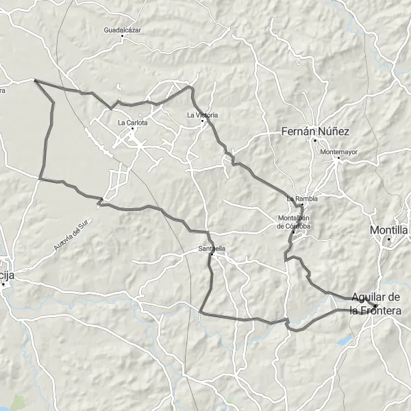 Miniatua del mapa de inspiración ciclista "Ruta de Aguilar a Santaella" en Andalucía, Spain. Generado por Tarmacs.app planificador de rutas ciclistas