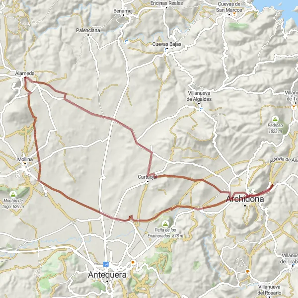 Miniature de la carte de l'inspiration cycliste "Aventure à Cartaojal" dans la Andalucía, Spain. Générée par le planificateur d'itinéraire cycliste Tarmacs.app