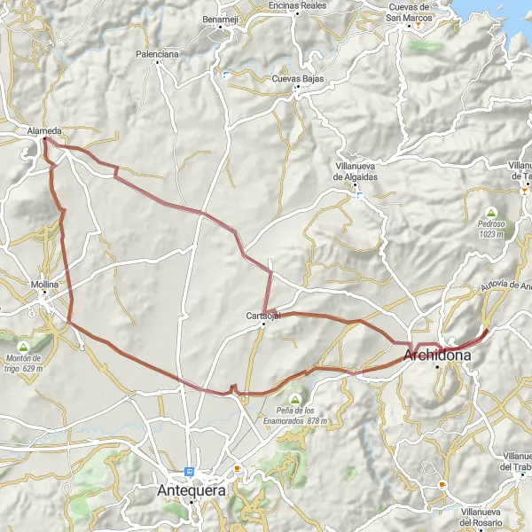 Miniatuurkaart van de fietsinspiratie "Gravelrondrit Alameda naar Cartaojal en Plaza Ochavada" in Andalucía, Spain. Gemaakt door de Tarmacs.app fietsrouteplanner