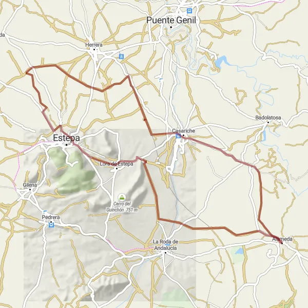 Miniatua del mapa de inspiración ciclista "Aventura en Grava por Lora de Estepa y Alameda" en Andalucía, Spain. Generado por Tarmacs.app planificador de rutas ciclistas