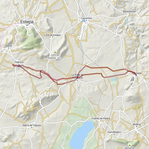 Karten-Miniaturansicht der Radinspiration "Antequera-Pedrera-La Roda Loop" in Andalucía, Spain. Erstellt vom Tarmacs.app-Routenplaner für Radtouren