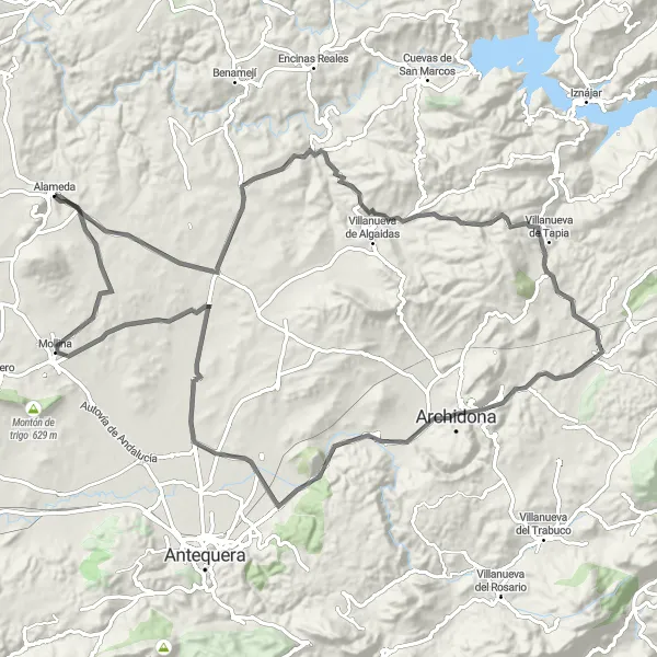 Miniature de la carte de l'inspiration cycliste "Escapade de 108km" dans la Andalucía, Spain. Générée par le planificateur d'itinéraire cycliste Tarmacs.app