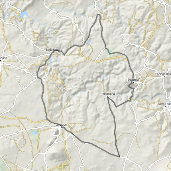 Miniature de la carte de l'inspiration cycliste "Le Tour de Badolatosa" dans la Andalucía, Spain. Générée par le planificateur d'itinéraire cycliste Tarmacs.app