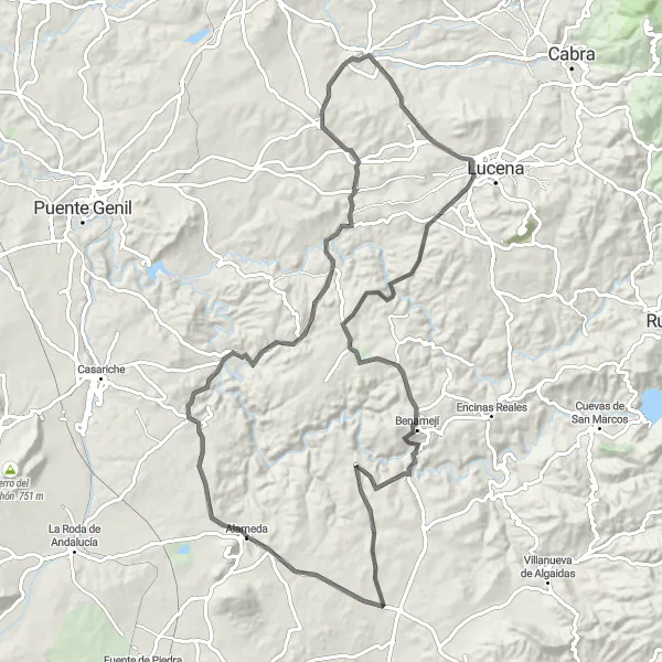 Miniaturní mapa "Cyklistická trasa Badolatosa - Moriles - Benamejí" inspirace pro cyklisty v oblasti Andalucía, Spain. Vytvořeno pomocí plánovače tras Tarmacs.app