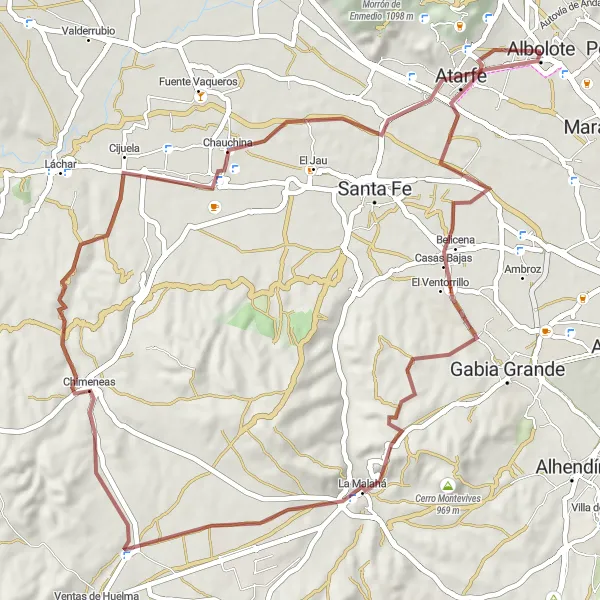 Miniature de la carte de l'inspiration cycliste "Itinéraire en gravel à travers Chauchina et Albolote" dans la Andalucía, Spain. Générée par le planificateur d'itinéraire cycliste Tarmacs.app