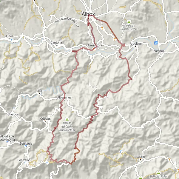 Miniatua del mapa de inspiración ciclista "Ruta de Albox a Albanchez por Collado del Cortijo Blanco" en Andalucía, Spain. Generado por Tarmacs.app planificador de rutas ciclistas