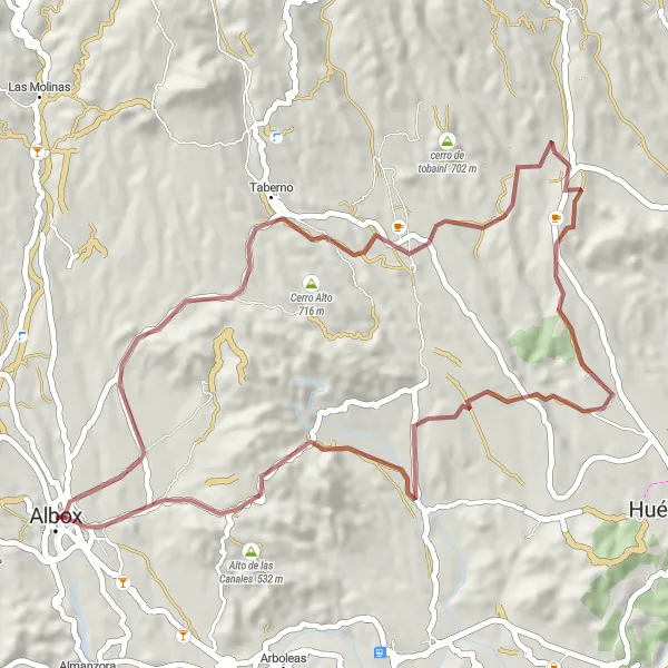 Miniatura della mappa di ispirazione al ciclismo "Giro in bicicletta su strade sterrate di Albox - Taberno - Cerro de la Virgen" nella regione di Andalucía, Spain. Generata da Tarmacs.app, pianificatore di rotte ciclistiche