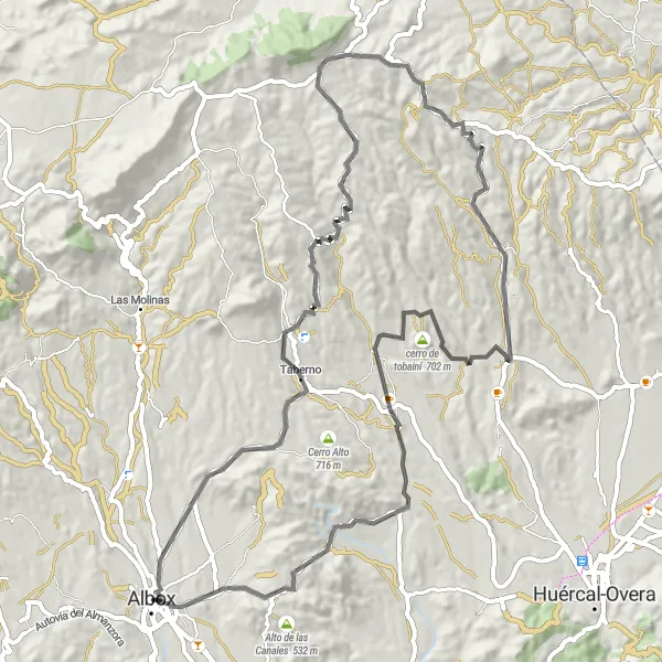 Miniature de la carte de l'inspiration cycliste "La Boucle de Taberno" dans la Andalucía, Spain. Générée par le planificateur d'itinéraire cycliste Tarmacs.app