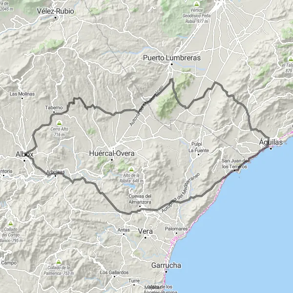 Miniatura della mappa di ispirazione al ciclismo "Avventura ciclistica da Albox a Zurgena" nella regione di Andalucía, Spain. Generata da Tarmacs.app, pianificatore di rotte ciclistiche
