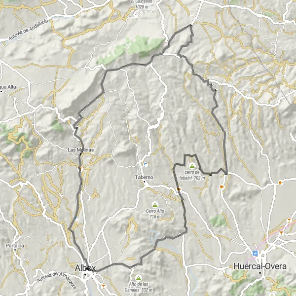 Miniatuurkaart van de fietsinspiratie "Albox - Pico de Las Minas - Santopétar" in Andalucía, Spain. Gemaakt door de Tarmacs.app fietsrouteplanner