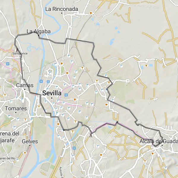 Miniaturní mapa "Cyklistická trasa kolem Alcalá de Guadaira (road)" inspirace pro cyklisty v oblasti Andalucía, Spain. Vytvořeno pomocí plánovače tras Tarmacs.app