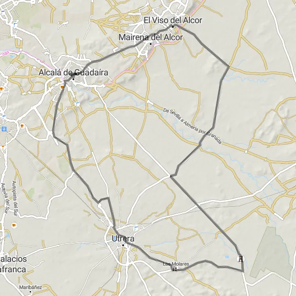 Miniaturní mapa "Kolemok Alcalá de Guadaira" inspirace pro cyklisty v oblasti Andalucía, Spain. Vytvořeno pomocí plánovače tras Tarmacs.app