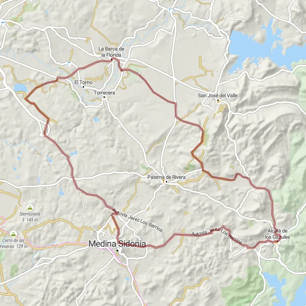 Miniatura della mappa di ispirazione al ciclismo "Avventura in mountain bike nell'entroterra di Alcalá de los Gazules" nella regione di Andalucía, Spain. Generata da Tarmacs.app, pianificatore di rotte ciclistiche