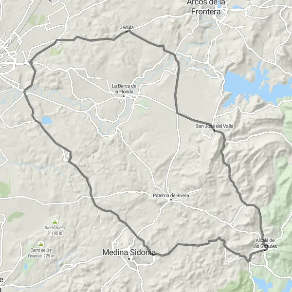 Miniatura della mappa di ispirazione al ciclismo "Tour in bicicletta delle strade vicino ad Alcalá de los Gazules" nella regione di Andalucía, Spain. Generata da Tarmacs.app, pianificatore di rotte ciclistiche