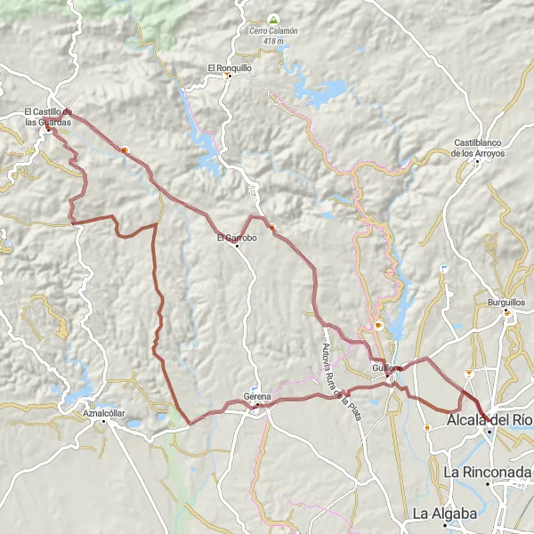 Miniaturní mapa "Gravel route od Alcalá del Río" inspirace pro cyklisty v oblasti Andalucía, Spain. Vytvořeno pomocí plánovače tras Tarmacs.app