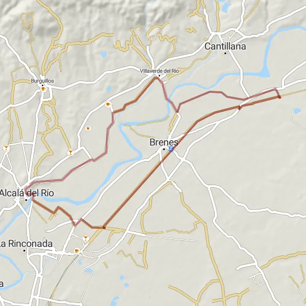 Miniatura della mappa di ispirazione al ciclismo "Rotta in Gravel da Brenes a Villaverde del Río" nella regione di Andalucía, Spain. Generata da Tarmacs.app, pianificatore di rotte ciclistiche