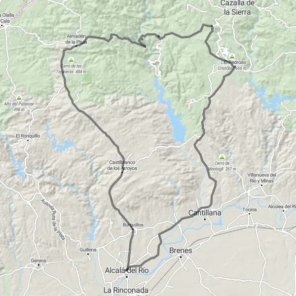 Miniaturní mapa "Cyklostezka okolo Alcalá del Río" inspirace pro cyklisty v oblasti Andalucía, Spain. Vytvořeno pomocí plánovače tras Tarmacs.app